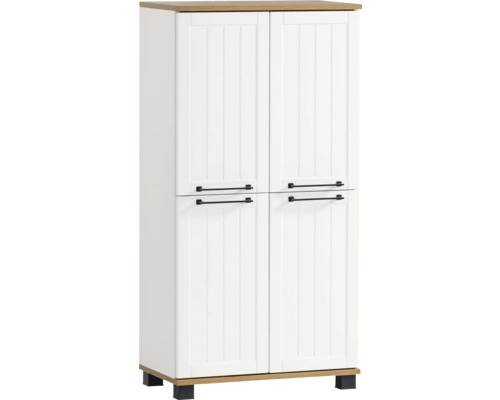 Highboard Möbelpartner Jelda BxHxT 59.8x116.9x32.6 cm mattweiß-eiche landhaus dekor Weißer Mehrzweckschrank mit vier Türen und schwarzen Griffen