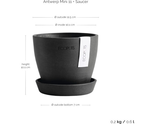 Ecopots Antwerp Mini 11 Pflanztopf mit Untersetzer