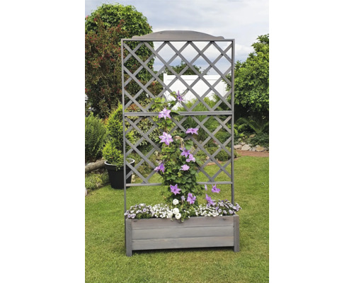 Holz-Pflanzkasten mit Rankgitter und blühenden Pflanzen im Garten.