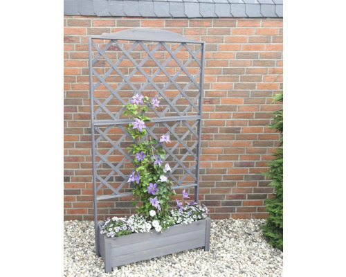 Blumenkasten mit Rankgitter aus Holz mit Pflanzen vor einer Ziegelwand