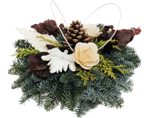 Gesteck mit Zapfen und Rosen als Grabschmuck