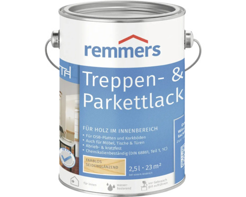 Remmers Treppen- und Parkettlack seidenglänzend farblos 2,5 l Remmers Treppen- und Parkettlack farblos seidenmatt in einer 2,5 Liter Dose