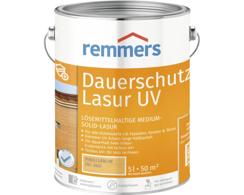 Remmers Dauerschutzlasur UV pinie lärche 5 l Remmers Dauerschutz Lasur UV, lösemittelhaltige Holzlasur im 5-Liter-Eimer für dauerhaften Schutz von Holzbauteilen