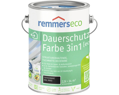 Remmers eco Öl-Farbe Holzfarbe RAL 9005 schwarz 2,5 l Farbeimer Remmers Eco Dauerschutz Farbe 3in1 Tiefschwarz