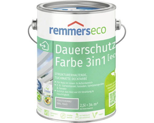 Remmers eco Öl-Farbe Holzfarbe RAL 7040 fenstergrau 2,5 l Farbeimer mit Remmers Eco Dauerschutz Farbe 3in1, 2,5 Liter, für Holz im Innen- und Außenbereich
