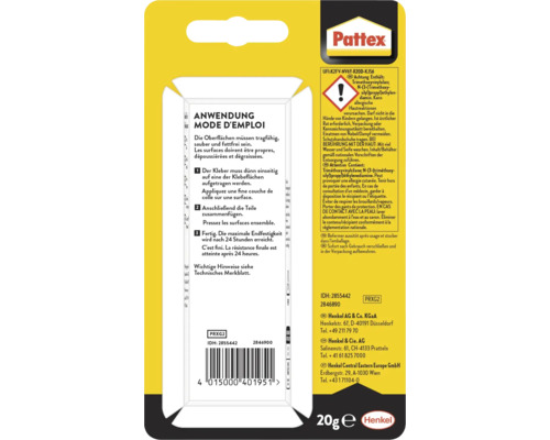 Pattex Klebstoffverpackung mit Anwendungshinweisen