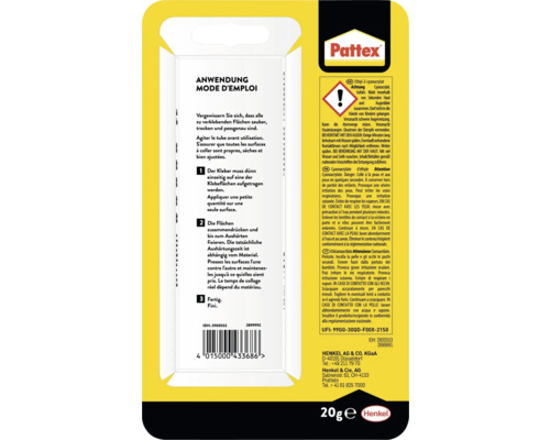Pattex Kleber Verpackungsrückseite mit Anwendungshinweisen