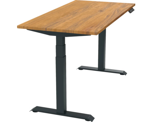 Höhenverstellbarer Schreibtisch mit Holzplatte und schwarzem Gestell.