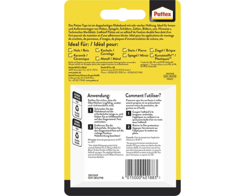 Pattex Montageklebeband doppelseitig für Haken, Spiegel, Schilder, Zahlen und Bilder geeignet