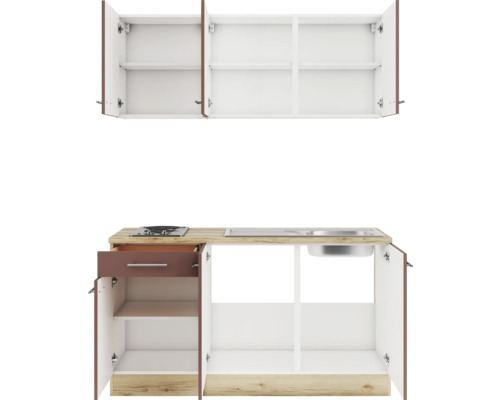 Küchenzeile mit Hängeschrank, Unterschrank, Spüle und Kochfeld