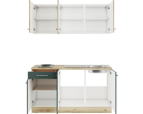 Küchenzeile mit Spüle, Kochfeld, Schublade und Schränken