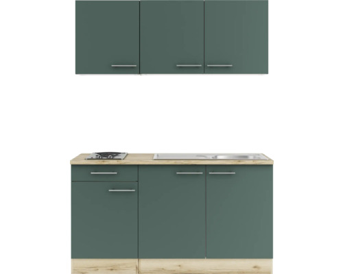 Küchenzeile mit Ober- und Unterschränken, Herd und Spüle