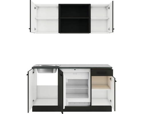 Kompakte Küchenzeile mit Spüle, Kühlschrank und Stauraum