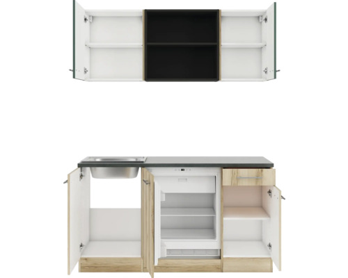 Kompakte Pantryküche mit Spüle, Kühlschrank und Oberschränken