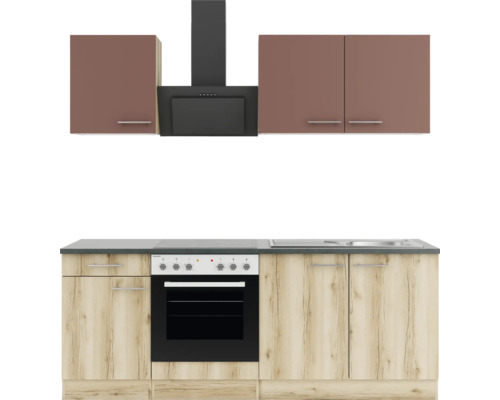 Optifit Küchenzeile mit Geräten Bari407/Livorno290 210 cm rostrot wildeiche matt strukturiert zerlegt Variante reversibel