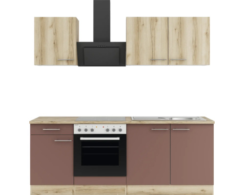 Optifit Küchenzeile mit Geräten Livorno290/Bari407 210 cm wildeiche rostrot matt strukturiert zerlegt Variante reversibel