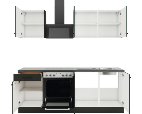 Küchenzeile mit Spüle, Herd, Backofen und Dunstabzugshaube