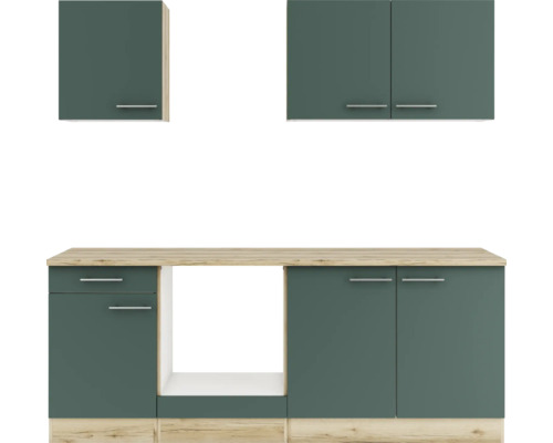 Küchenzeile mit Hängeschränken und Unterschränken mit Schubladen und Regalen