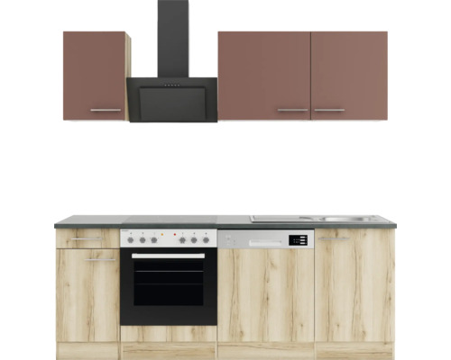 Optifit Küchenzeile mit Geräten Bari407/Livorno290 210 cm rostrot wildeiche matt strukturiert zerlegt Variante reversibel