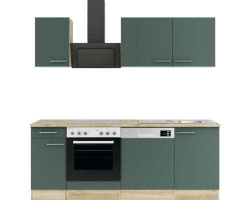 Komplette Küche mit Hängeschränken, Dunstabzugshaube, Herd, Spülmaschine und Spüle