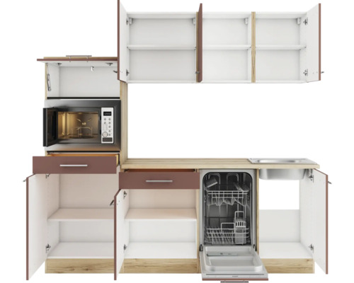 Küchenzeile mit Spüle, Geschirrspüler, Mikrowelle und Schränken