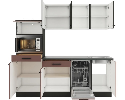 Küchenzeile mit Spülmaschine, Spüle, Mikrowelle und Schränken