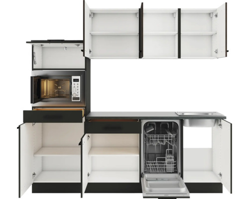 Küchenzeile mit Mikrowelle, Spülmaschine, Spüle und Schränken