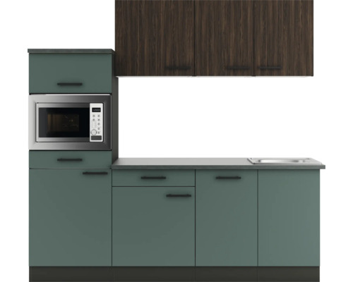 Optifit Küchenzeile mit Geräten Rimini409/Verona405 210 cm nussbaum grün matt zerlegt Variante reversibel