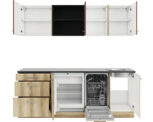 Küchenzeile mit Spüle, Geschirrspüler, Kühlschrank, Schubladen und Hängeschränken