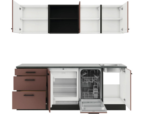 Küchenzeile mit Spüle, Spülmaschine, Kühlschrank und Hängeschränken