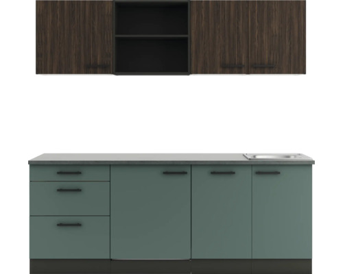 Optifit Küchenzeile mit Geräten Rimini409/Verona405 210 cm nussbaum grün matt zerlegt Variante reversibel