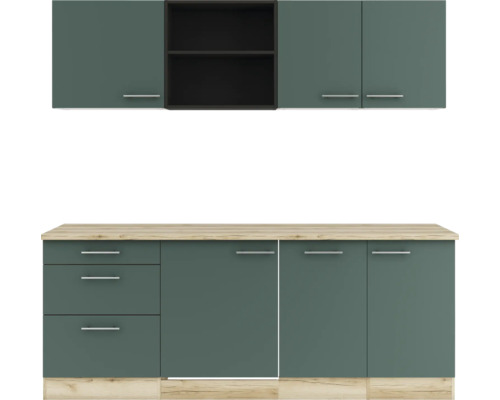 Küchenzeile mit Hängeschränken, Schubladen und Arbeitsplatte in Holzoptik