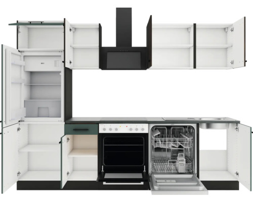 Komplette Küchenzeile mit Elektrogeräten, inklusive Kühlschrank, Herd, Geschirrspüler und Dunstabzugshaube.