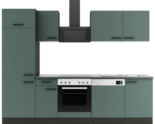 Küchenzeile mit Schränken, Dunstabzugshaube, Spüle, Herd und Geschirrspüler