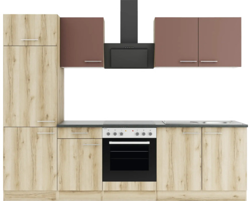 Optifit Küchenzeile mit Geräten Bari407/Livorno290 270 cm rostrot wildeiche matt strukturiert zerlegt Variante reversibel