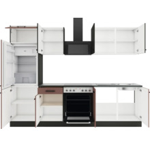 Küchenzeile mit Kühlschrank, Spüle, Herd, Backofen und Dunstabzugshaube