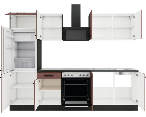 Komplette Küche mit Kühlschrank, Herd, Spüle und Dunstabzugshaube
