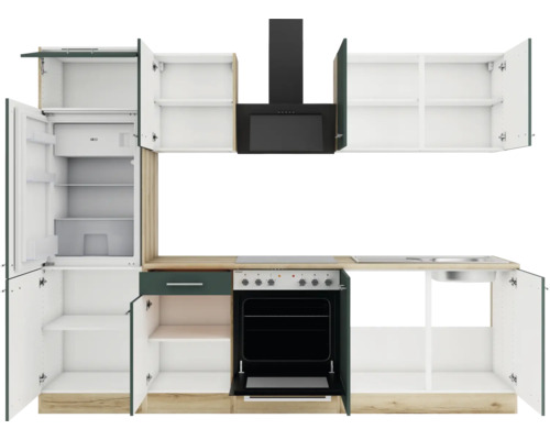 Küchenzeile mit Kühlschrank, Spüle, Herd und Dunstabzugshaube.