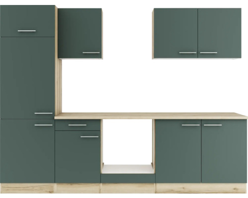 Küchenzeile mit Ober- und Unterschränken sowie Arbeitsplatte