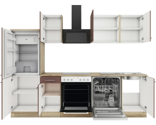 Küchenzeile mit Kühlschrank, Herd, Spülmaschine und Dunstabzugshaube