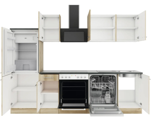 Küchenzeile mit Kühlschrank, Spülmaschine, Herd, Dunstabzugshaube und offenen Schränken
