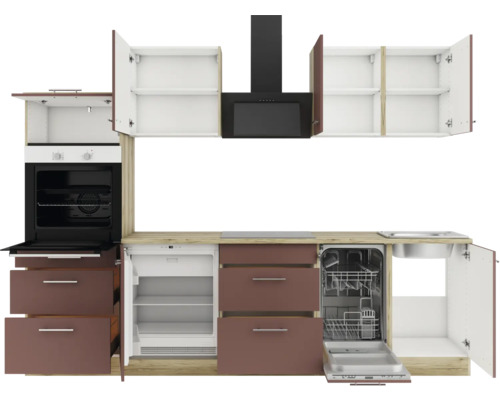 Küchenzeile mit Einbaugeräten wie Backofen, Kühlschrank, Geschirrspüler und Dunstabzugshaube.
