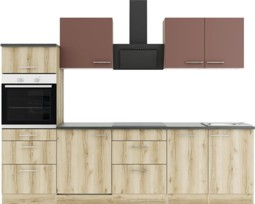 Optifit Küchenzeile Bari407/Livorno290 270 cm rostrot wildeiche matt strukturiert zerlegt Variante reversibel