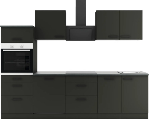 Moderne Küchenzeile mit Herd, Dunstabzugshaube und Schränken