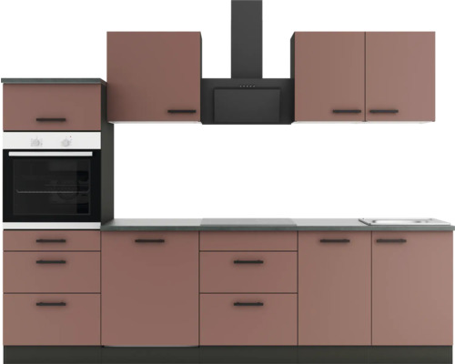 Komplette Küchenzeile mit Schränken, Spüle, Herd und Dunstabzugshaube