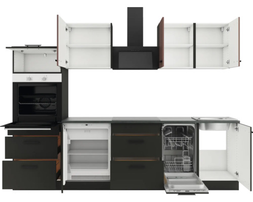 Komplette Küchenzeile mit Backofen, Dunstabzugshaube, Kühlschrank, Geschirrspüler und Spüle