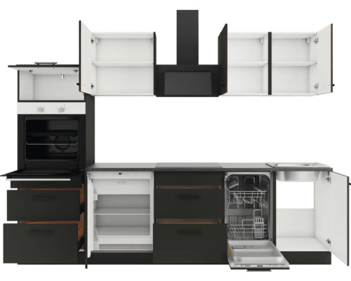 Küchenzeile mit Einbaugeräten wie Ofen, Kühlschrank, Geschirrspüler und Dunstabzugshaube.