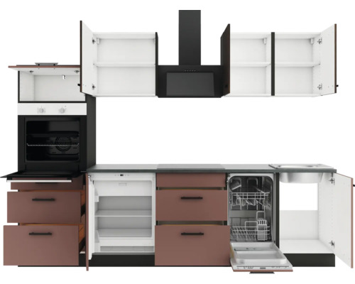 Küchenzeile mit Spüle, Geschirrspüler, Kühlschrank, Backofen und Dunstabzugshaube.