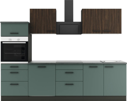 Optifit Küchenzeile mit Geräten Rimini409/Verona405 270 cm nussbaum grün matt zerlegt Variante reversibel
