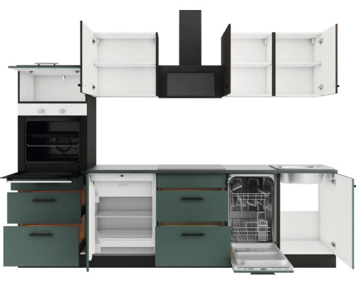 Komplette Küchenzeile mit Einbaugeräten, Spüle und Dunstabzugshaube